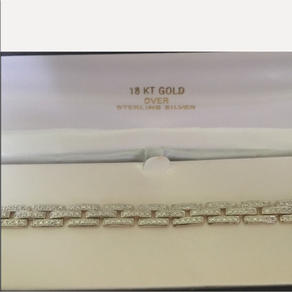 18K Gold Over Sterling Silver Pave Link Bracelet - Silver Tone